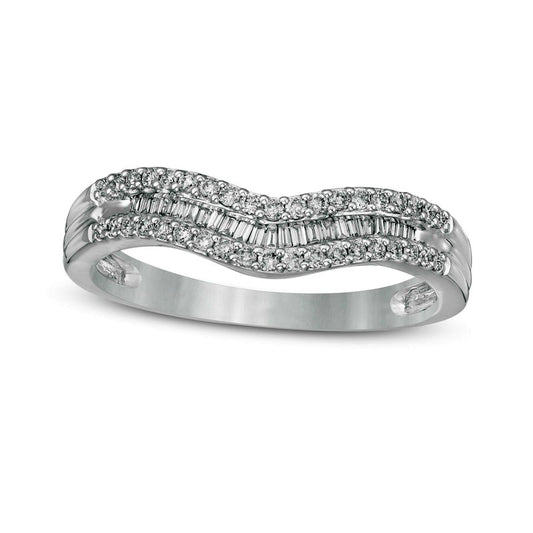 0.25 CT. T.W. Baguette and Round Natural Diamond Contour Multi-Row Anniversary Band in Solid 14K White Gold