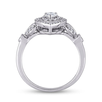 0.50 CT. T.W. Pear-Shaped Natural Diamond Double Frame Leaf-Sides Antique Vintage-Style Engagement Ring in Solid 10K White Gold
