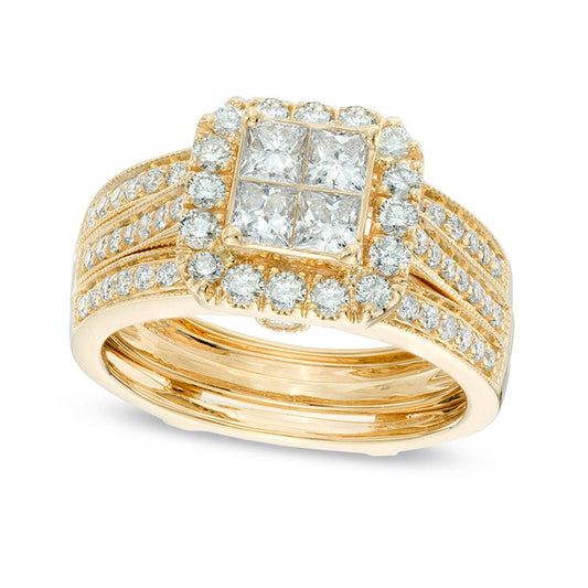 1.5 CT. T.W. Quad Princess-Cut Natural Diamond Frame Bridal Engagement Ring Set in Solid 14K Gold