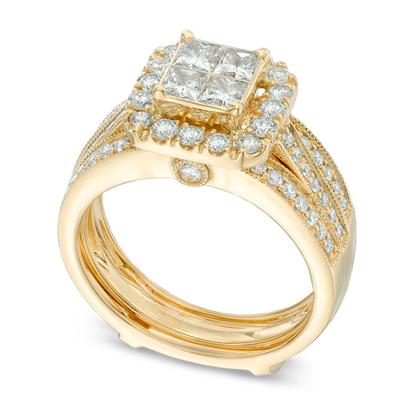 1.5 CT. T.W. Quad Princess-Cut Natural Diamond Frame Bridal Engagement Ring Set in Solid 14K Gold