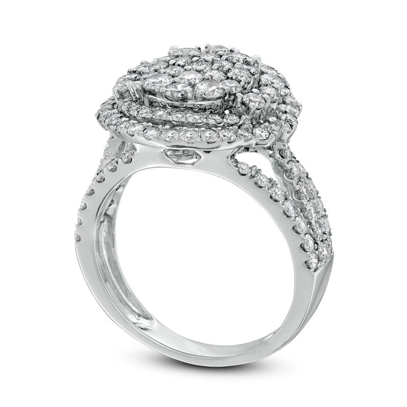 2.0 CT. T.W. Oval Composite Natural Diamond Double Halo Frame Ring in Solid 14K White Gold