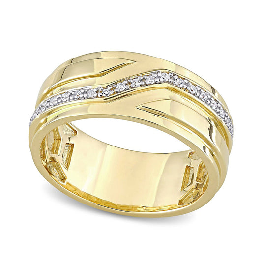 Men's 0.10 CT. T.W. Natural Diamond Slant Stepped Edge Band in Sterling Silver with Yellow Rhodium