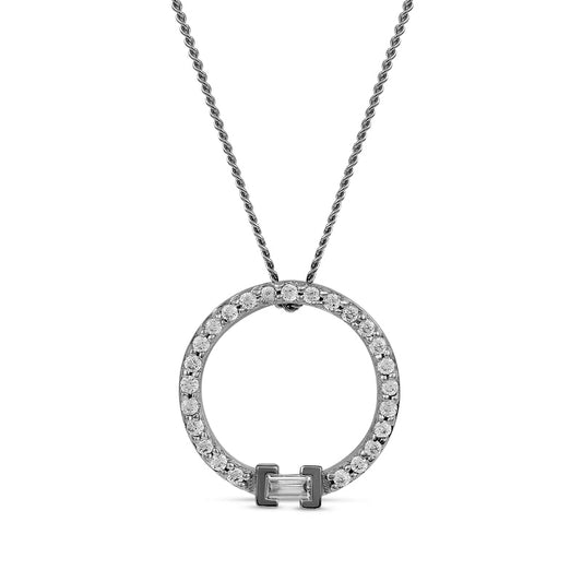 0.2 CT. T.W. Baguette and Round Natural Diamond Circle Pendant in 10K White Gold