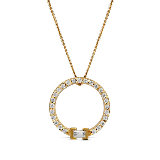 0.2 CT. T.W. Baguette and Round Natural Diamond Circle Pendant in 10K Yellow Gold