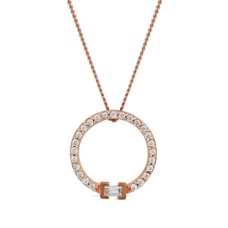0.2 CT. T.W. Baguette and Round Natural Diamond Circle Pendant in 10K Rose Gold