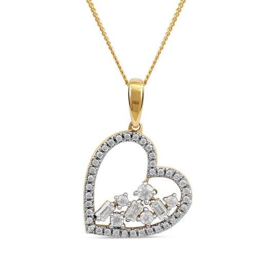 0.33 CT. T.W. Baguette and Round Natural Diamond Scatter Tilted Heart Pendant in 10K Yellow Gold