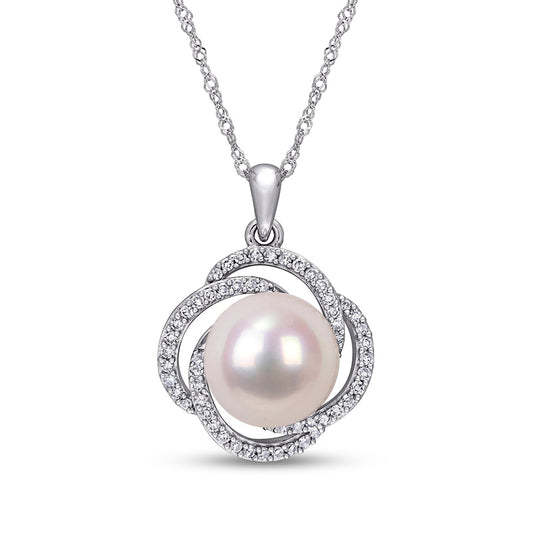 10.0-10.5mm Cultured Freshwater Pearl and 0.25 CT. T.W. Natural Diamond Love Knot Pendant in 14K White Gold - 17"