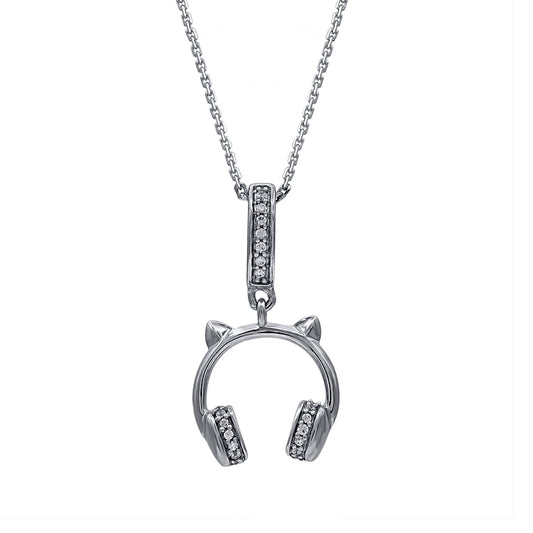 0.05 CT. T.W. Natural Diamond Cat with Headphones Pendant in Sterling Silver