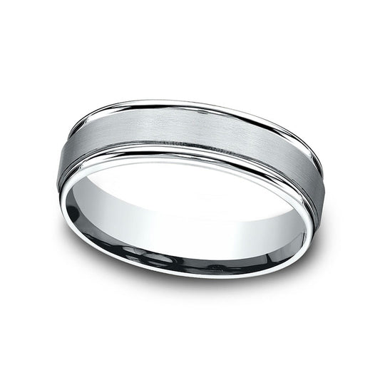 Men's 6.0mm Satin Finish Stepped Edge Comfort-Fit Wedding Band in Solid 10K White Gold