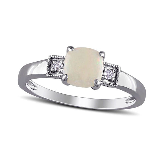 6.0mm Cushion-Cut Cabochon Opal and 0.05 CT. T.W. Natural Diamond Antique Vintage-Style Ring in Sterling Silver