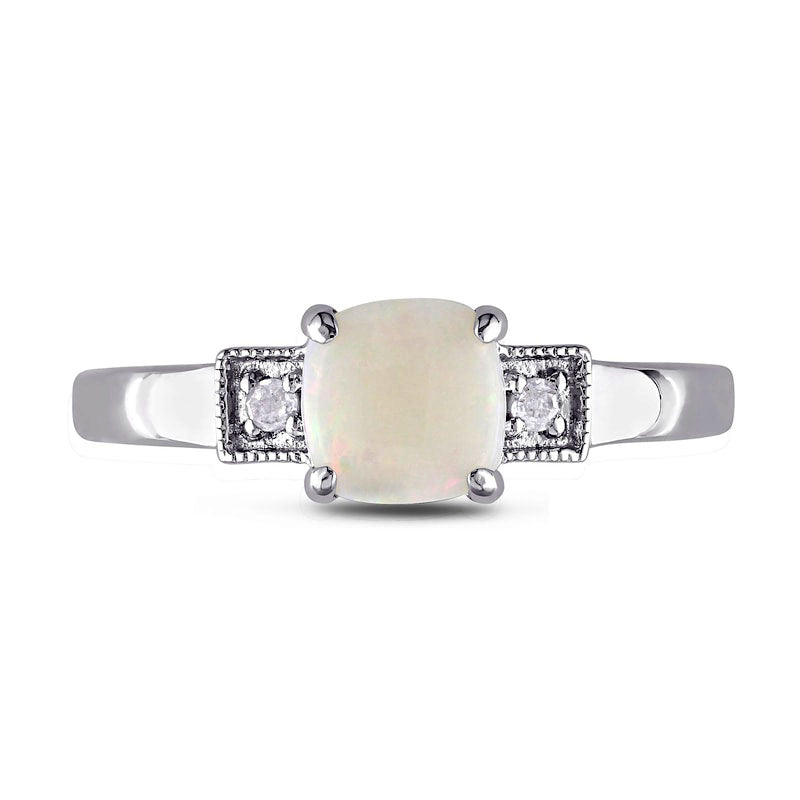 6.0mm Cushion-Cut Cabochon Opal and 0.05 CT. T.W. Natural Diamond Antique Vintage-Style Ring in Sterling Silver