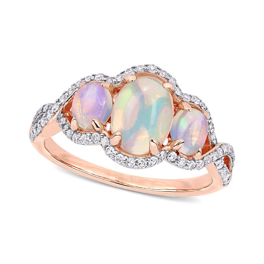 Oval Cabochon Opal and 0.33 CT. T.W. Natural Diamond Frame Three Stone Twist Shank Ring in Solid 10K Rose Gold