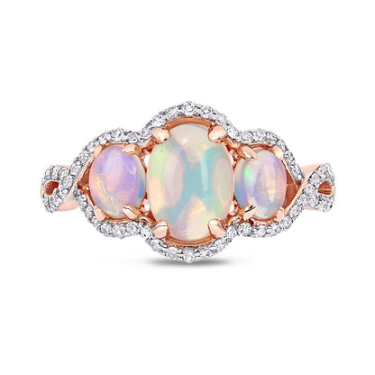 Oval Cabochon Opal and 0.33 CT. T.W. Natural Diamond Frame Three Stone Twist Shank Ring in Solid 10K Rose Gold