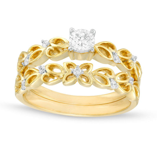 0.33 CT. T.W. Natural Diamond Open Floral Bridal Engagement Ring Set in Solid 10K Yellow Gold