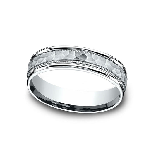 Ladies' 6.0mm Hammered Milgrain Comfort-Fit Wedding Band in Solid 10K White Gold