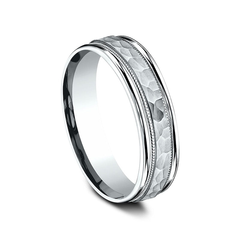 Ladies' 6.0mm Hammered Milgrain Comfort-Fit Wedding Band in Solid 10K White Gold
