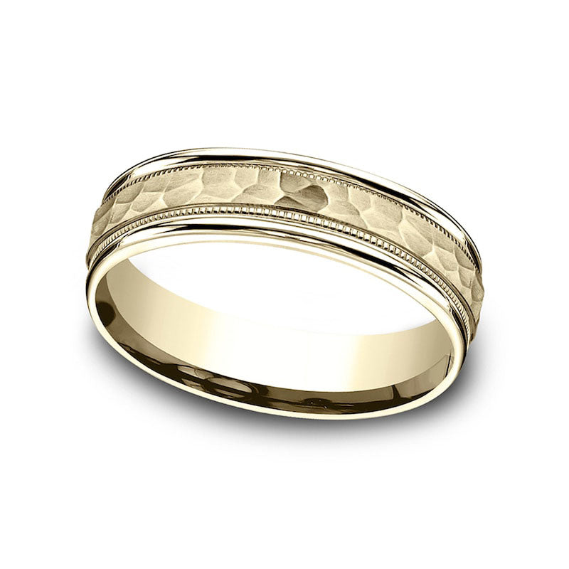 Ladies' 6.0mm Hammered Milgrain Comfort-Fit Wedding Band in Solid 10K Yellow Gold