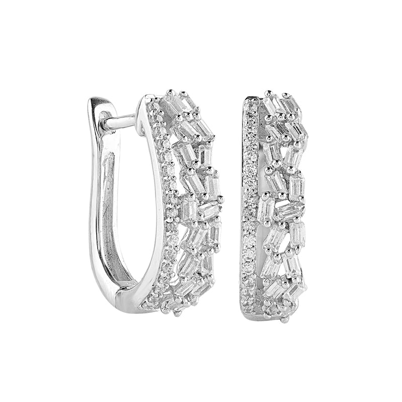 0.33 CT. T.W. Baguette and Round Diamond Edge Hoop Earrings in 10K White Gold