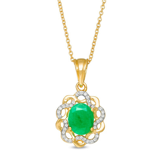 Oval Emerald and White Topaz Twist Frame Drop Pendant in Sterling Silver with 14K Gold Plate