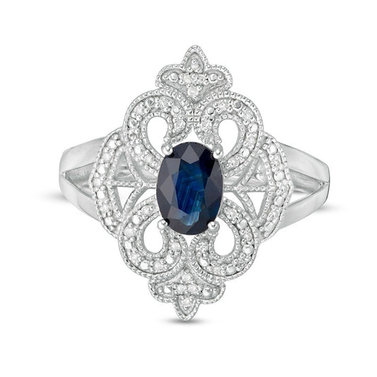 Oval Blue Sapphire and 0.10 CT. T.W. Natural Diamond Antique Vintage-Style Split Shank Ring in Sterling Silver