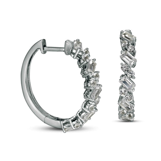 Baguette and Round Lab-Created White Sapphire Duos Alternating Hoop Earrings in Sterling Silver