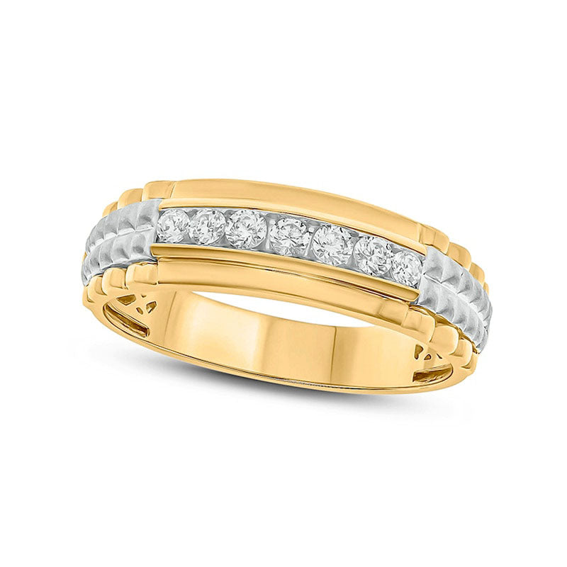 Men's 0.33 CT. T.W. Natural Diamond Ribbed Shank Wedding Band in Solid 10K Two-Tone Gold