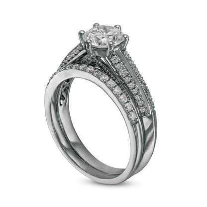 1.5 CT. T.W. Natural Diamond Edge Double Row Bridal Engagement Ring Set in Solid 10K White Gold