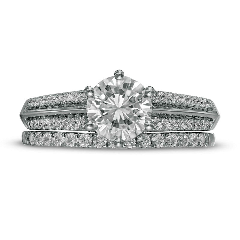 1.5 CT. T.W. Natural Diamond Edge Double Row Bridal Engagement Ring Set in Solid 10K White Gold