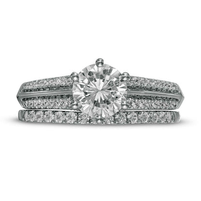 1.5 CT. T.W. Natural Diamond Edge Double Row Bridal Engagement Ring Set in Solid 10K White Gold