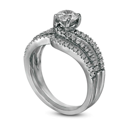 1.25 CT. T.W. Natural Diamond Wavy Bypass Split Shank Bridal Engagement Ring Set in Solid 10K White Gold