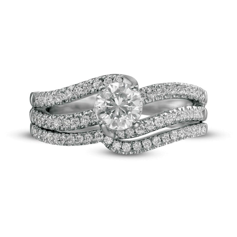 1.25 CT. T.W. Natural Diamond Wavy Bypass Split Shank Bridal Engagement Ring Set in Solid 10K White Gold