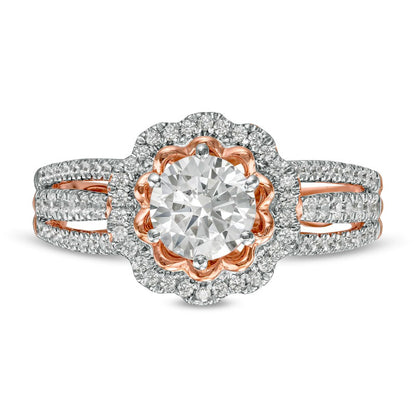 1.17 CT. T.W. Natural Diamond Flower Frame Engagement Ring in Solid 10K Rose Gold