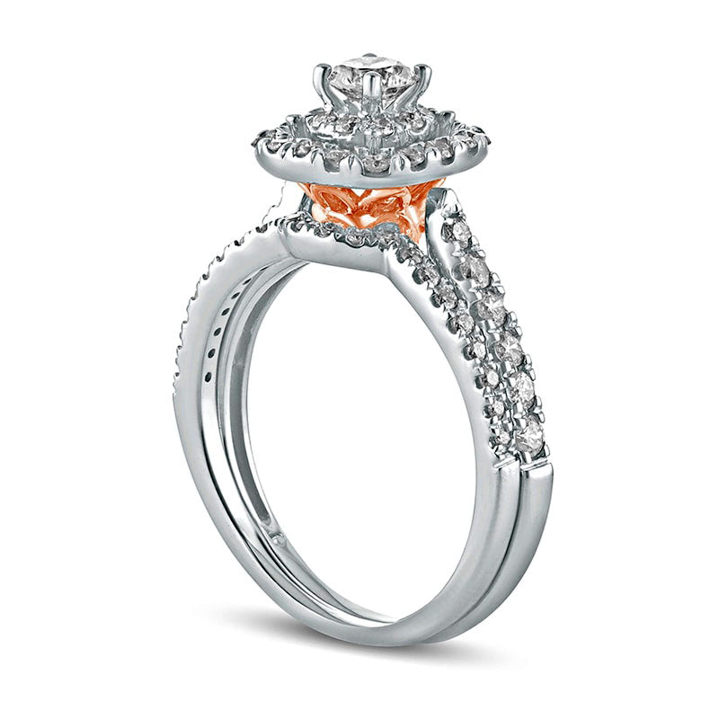 1.0 CT. T.W. Natural Diamond Cushion Frame Split Shank Bridal Engagement Ring Set in Solid 10K Two-Tone Gold