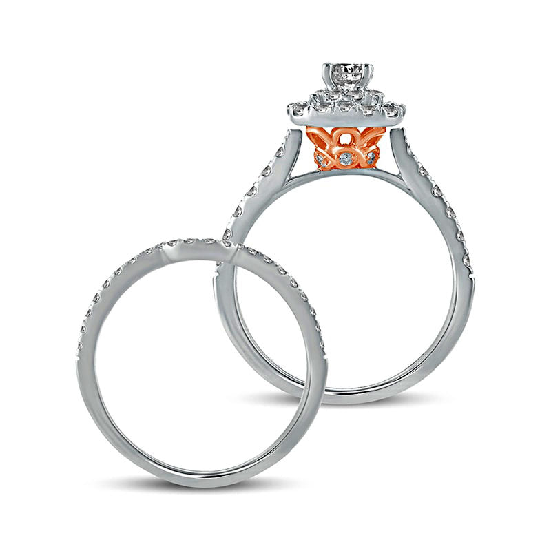1.0 CT. T.W. Natural Diamond Cushion Frame Split Shank Bridal Engagement Ring Set in Solid 10K Two-Tone Gold