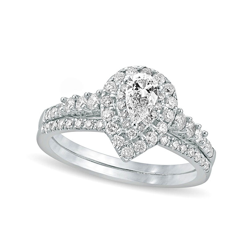 1.0 CT. T.W. Pear-Shaped Natural Diamond Double Frame Bridal Engagement Ring Set in Solid 10K Two-Tone Gold