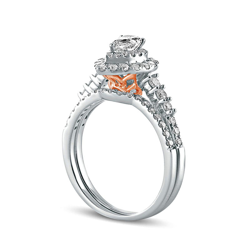 1.0 CT. T.W. Pear-Shaped Natural Diamond Double Frame Bridal Engagement Ring Set in Solid 10K Two-Tone Gold