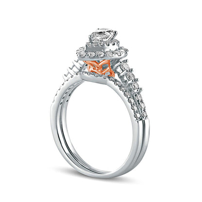 1.0 CT. T.W. Pear-Shaped Natural Diamond Double Frame Bridal Engagement Ring Set in Solid 10K Two-Tone Gold