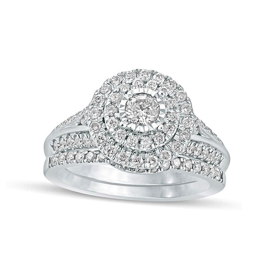 1.0 CT. T.W. Natural Diamond Double Frame Bridal Engagement Ring Set in Solid 10K White Gold