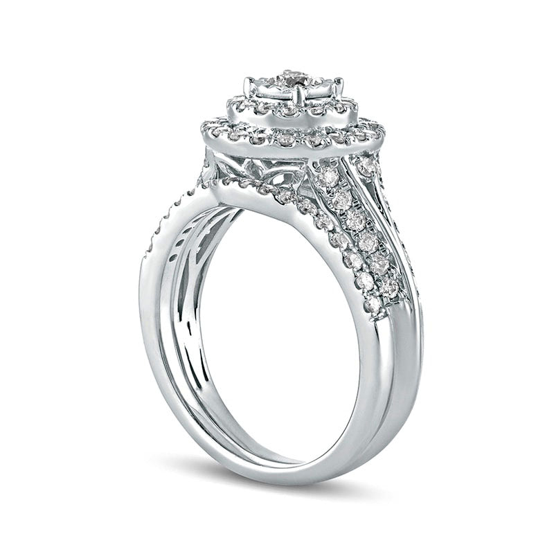 1.0 CT. T.W. Natural Diamond Double Frame Bridal Engagement Ring Set in Solid 10K White Gold