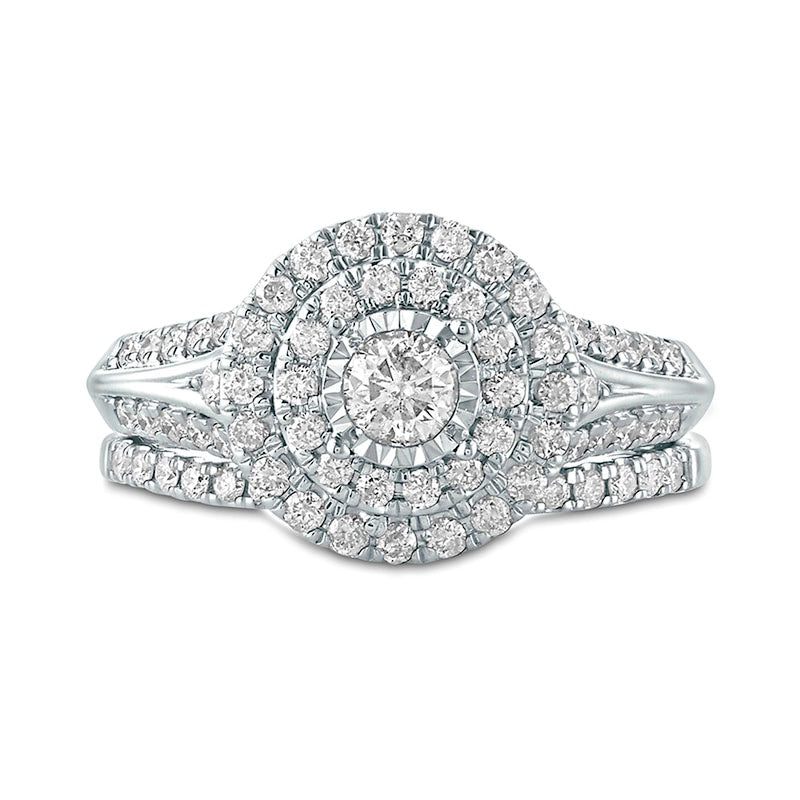 1.0 CT. T.W. Natural Diamond Double Frame Bridal Engagement Ring Set in Solid 10K White Gold