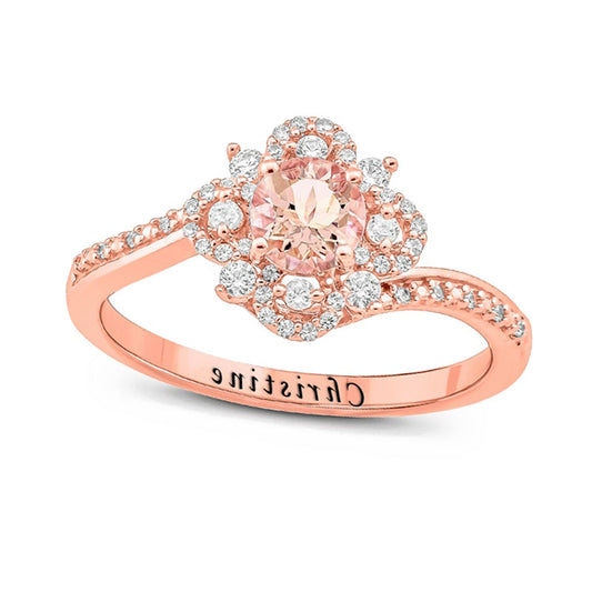 5.0mm Morganite and 0.25 CT. T.W. Natural Diamond Engravable Flower Bypass Antique Vintage-Style Promise Ring in Solid 10K Rose Gold (1 Line)