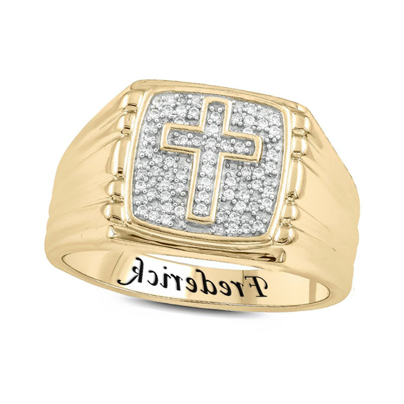 Men's 0.17 CT. T.W. Natural Diamond Cross Engravable Signet Ring in Solid 10K Yellow Gold (1 Line)