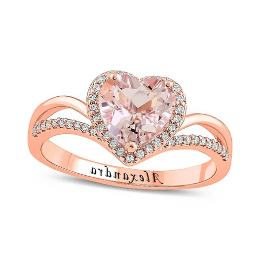 7.0mm Heart-Shaped Morganite and 0.17 CT. T.W. Natural Diamond Frame Split Shank Engravable Ring in Solid 10K Rose Gold (1 Line)