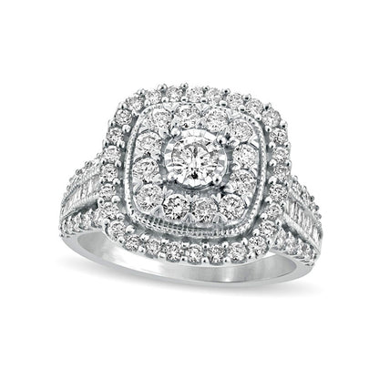 1.5 CT. T.W. Natural Diamond Double Cushion Frame Antique Vintage-Style Engagement Ring in Solid 10K White Gold