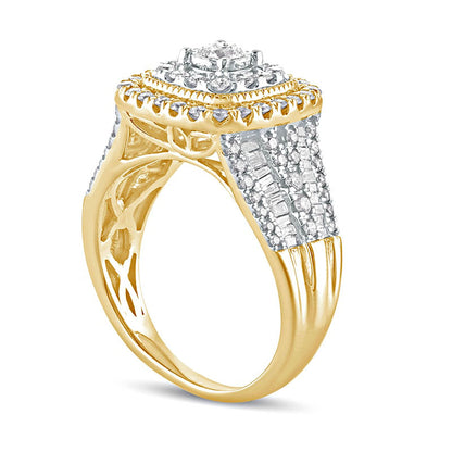 1.0 CT. T.W. Natural Diamond Cushion Frame Antique Vintage-Style Engagement Ring in Solid 10K Yellow Gold