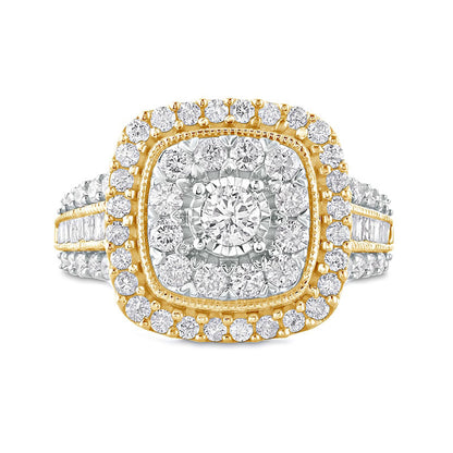 1.5 CT. T.W. Natural Diamond Double Cushion Frame Antique Vintage-Style Engagement Ring in Solid 10K Yellow Gold
