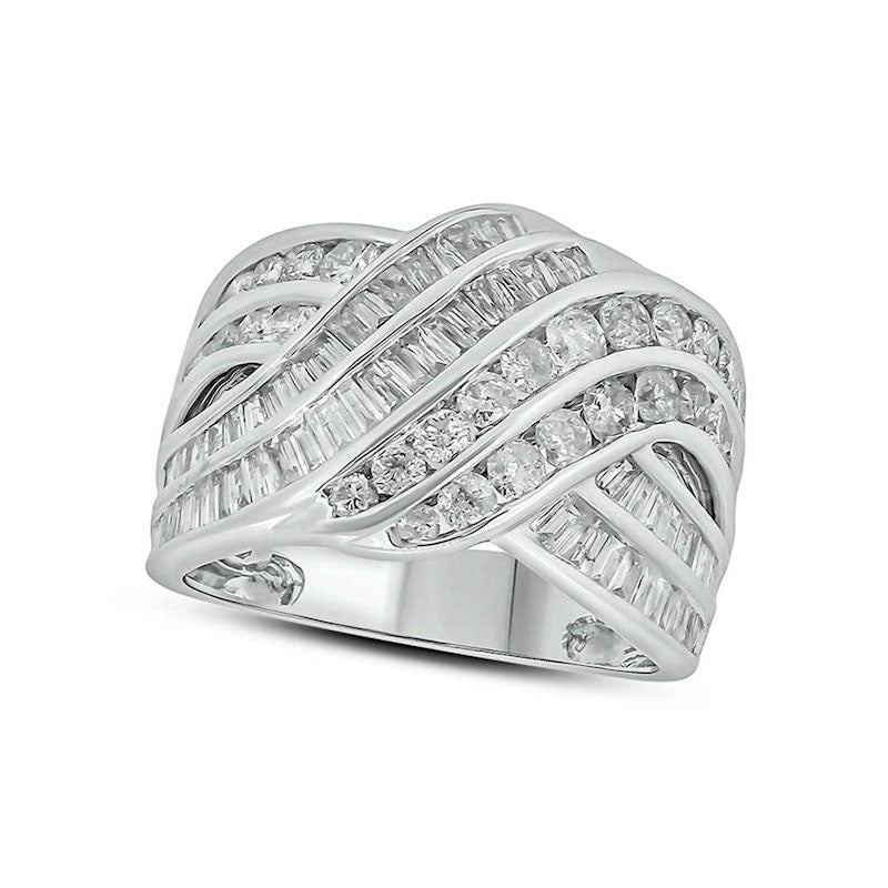 2.0 CT. T.W. Baguette and Round Natural Diamond Multi-Row Bypass Ring in Solid 10K White Gold