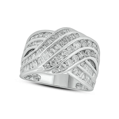 2.0 CT. T.W. Baguette and Round Natural Diamond Multi-Row Bypass Ring in Solid 10K White Gold