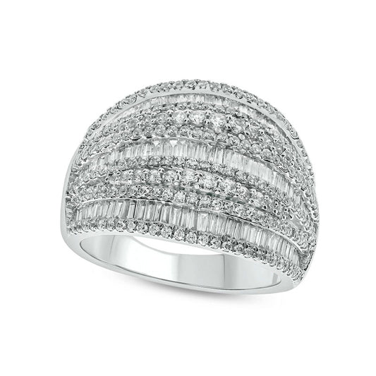 1.5 CT. T.W. Baguette and Round Natural Diamond Multi-Row Dome Ring in Solid 10K White Gold