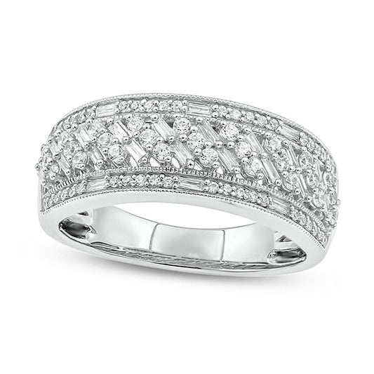 0.50 CT. T.W. Baguette and Round Natural Diamond Multi-Row Antique Vintage-Style Ring in Solid 10K White Gold